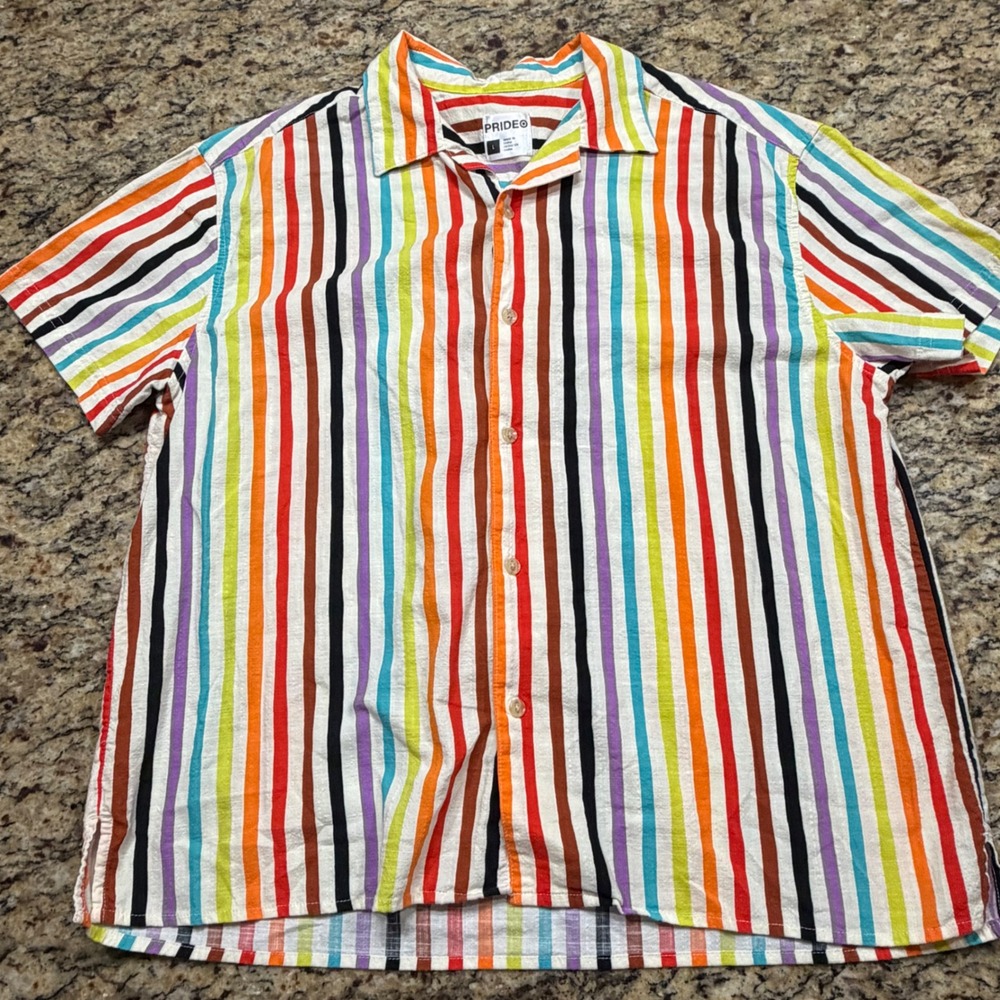 PRIDEO Mens Large Multicolor Vertical Stripe Short Sleeve Button Up Camp Shirt